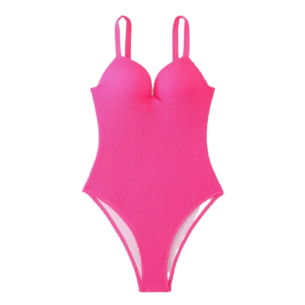Women's black one-piece swimsuit with a sunken white stripe pattern across the front, sleeveless design.
