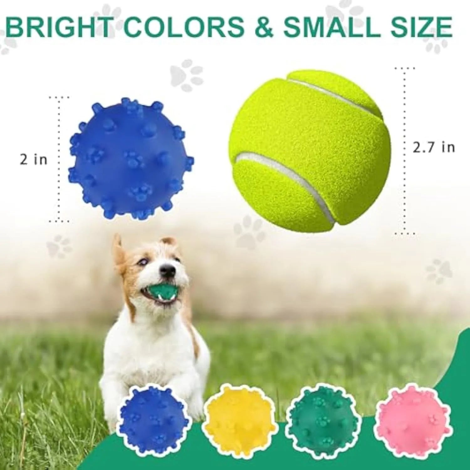 Bright blue, green, pink, and yellow spiky dog toy balls with paw print dimples, shown next to a small dog.