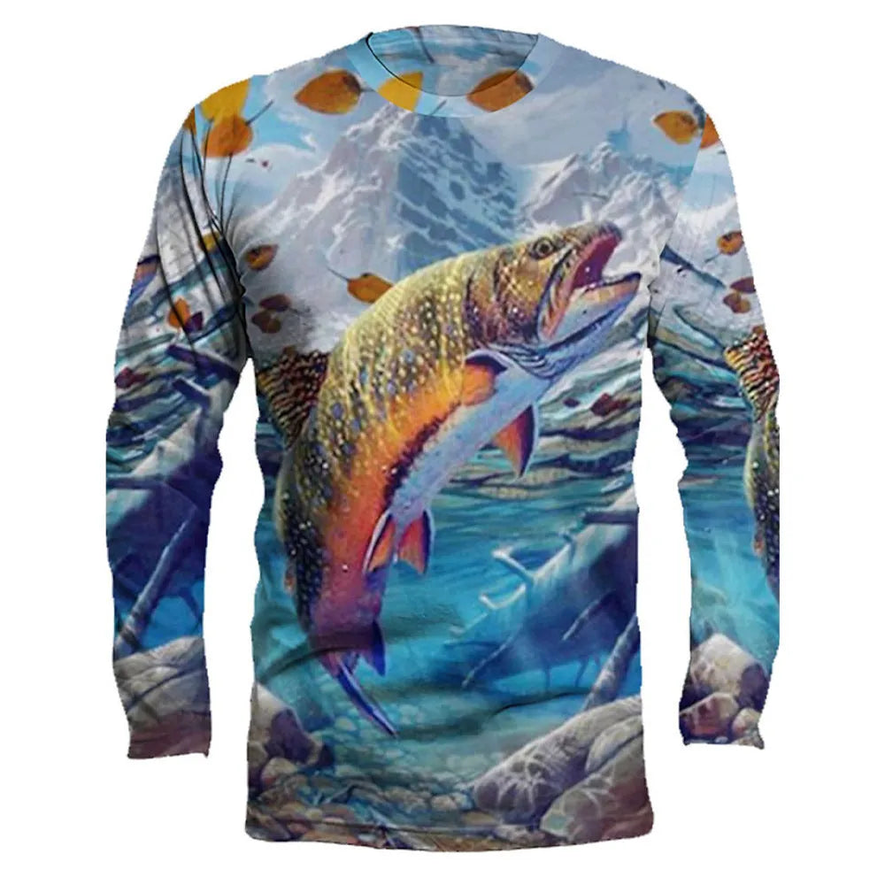 Men's grey long sleeve pullover top with an all-over colourful fish print design, round neck.