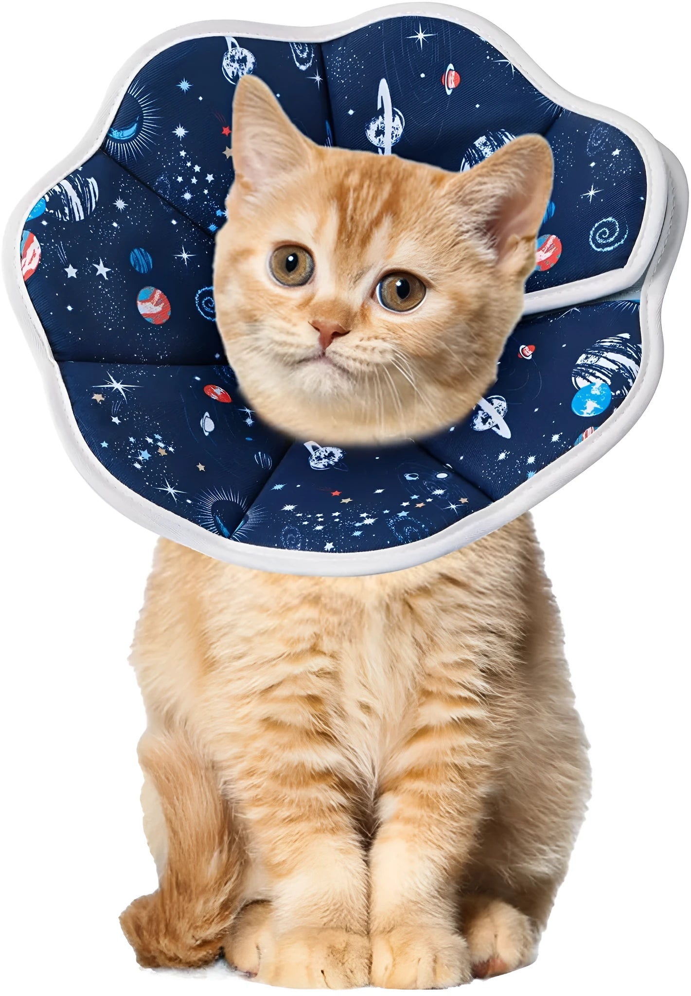Soft fabric cat recovery cone collar with adjustable fastener in constellation or planet design