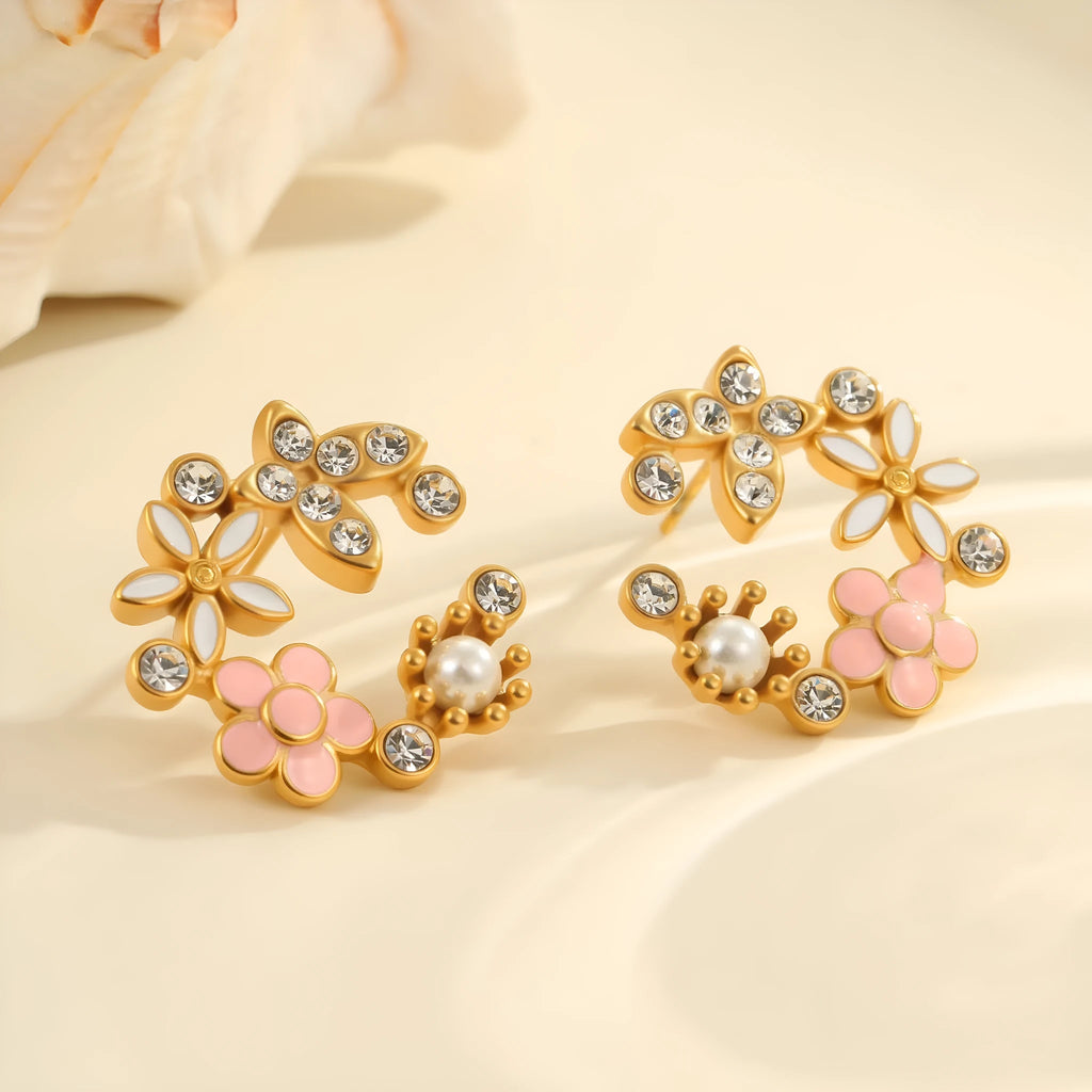 Gold plated flower stud earrings with petal design on stainless steel base