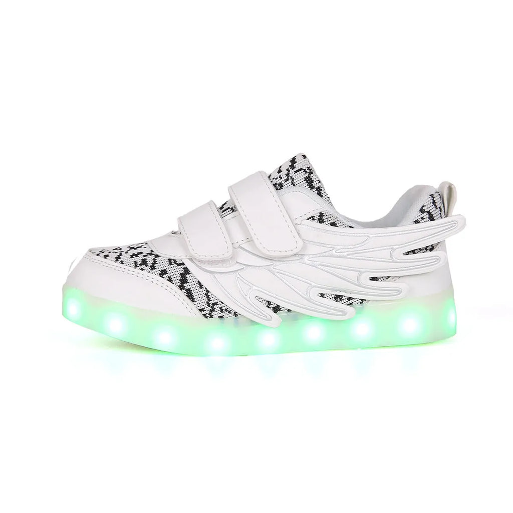 Children's plum red and white LED light-up shoes with USB charging port and hidden control switch