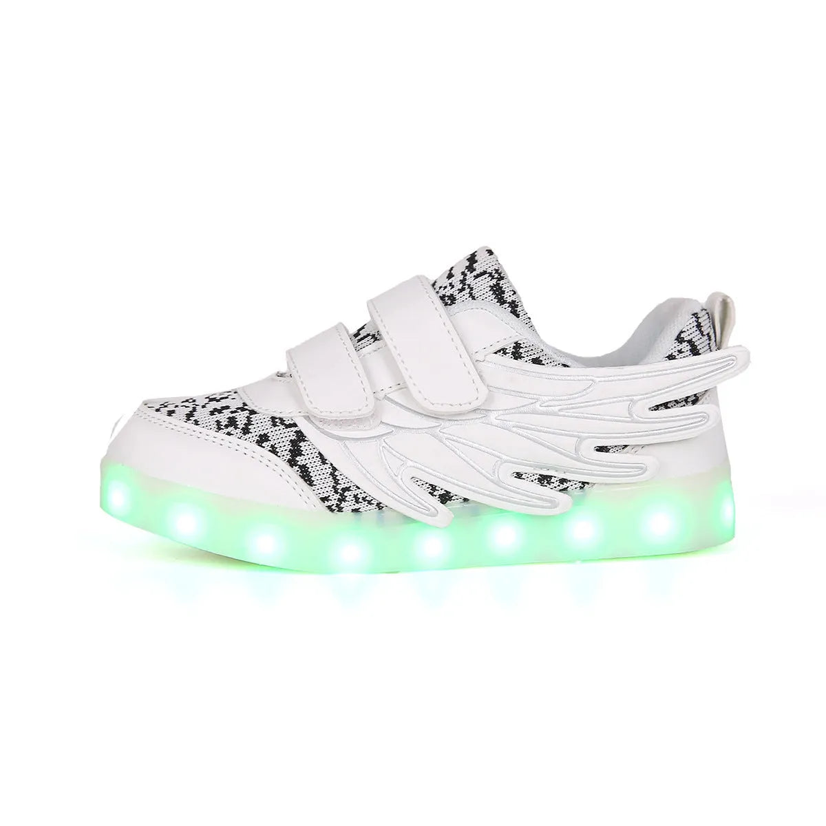 Children's plum red and white LED light-up shoes with USB charging port and hidden control switch
