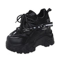 Women's white mesh platform tennis shoes with cross-strap and 6-8cm rubber sole.