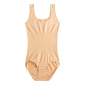 Women's seamless nylon shaping bodysuit in apricot colour on a hanger.