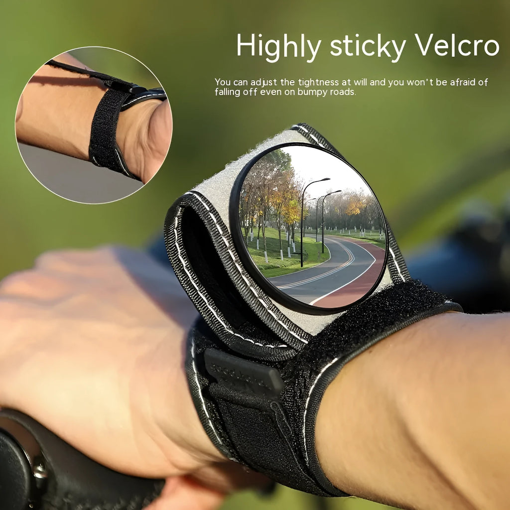 Black nylon bicycle rear-view mirror for wrist mounting during cycling