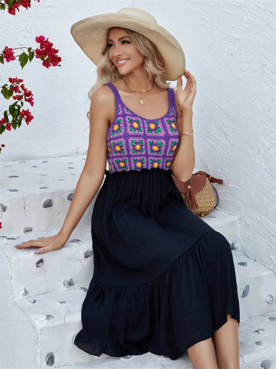 Purple sleeveless dress with hand-hook flower stitching detail on cotton blend fabric
