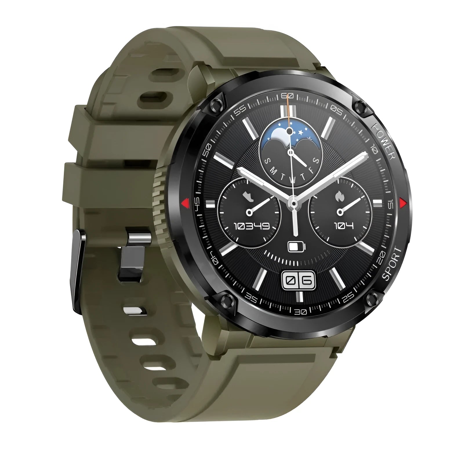 Black T30 Smart Watch with 52mm IPS screen showing Bluetooth calling interface and silicone strap