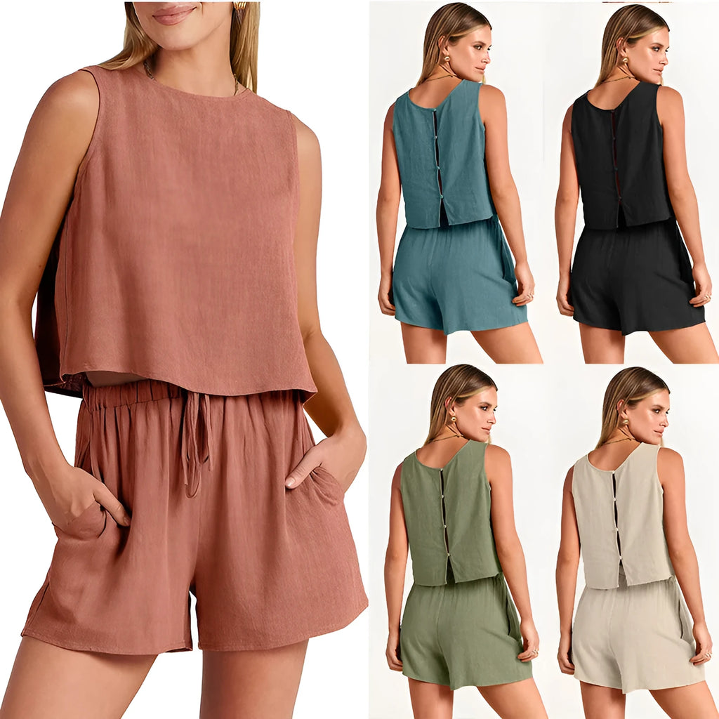 Women's sleeveless top and drawstring shorts co-ord set in a solid colour.