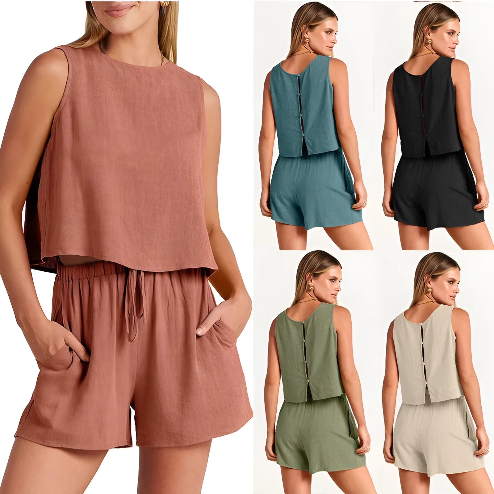Women's sleeveless top and drawstring shorts co-ord set in a solid colour.