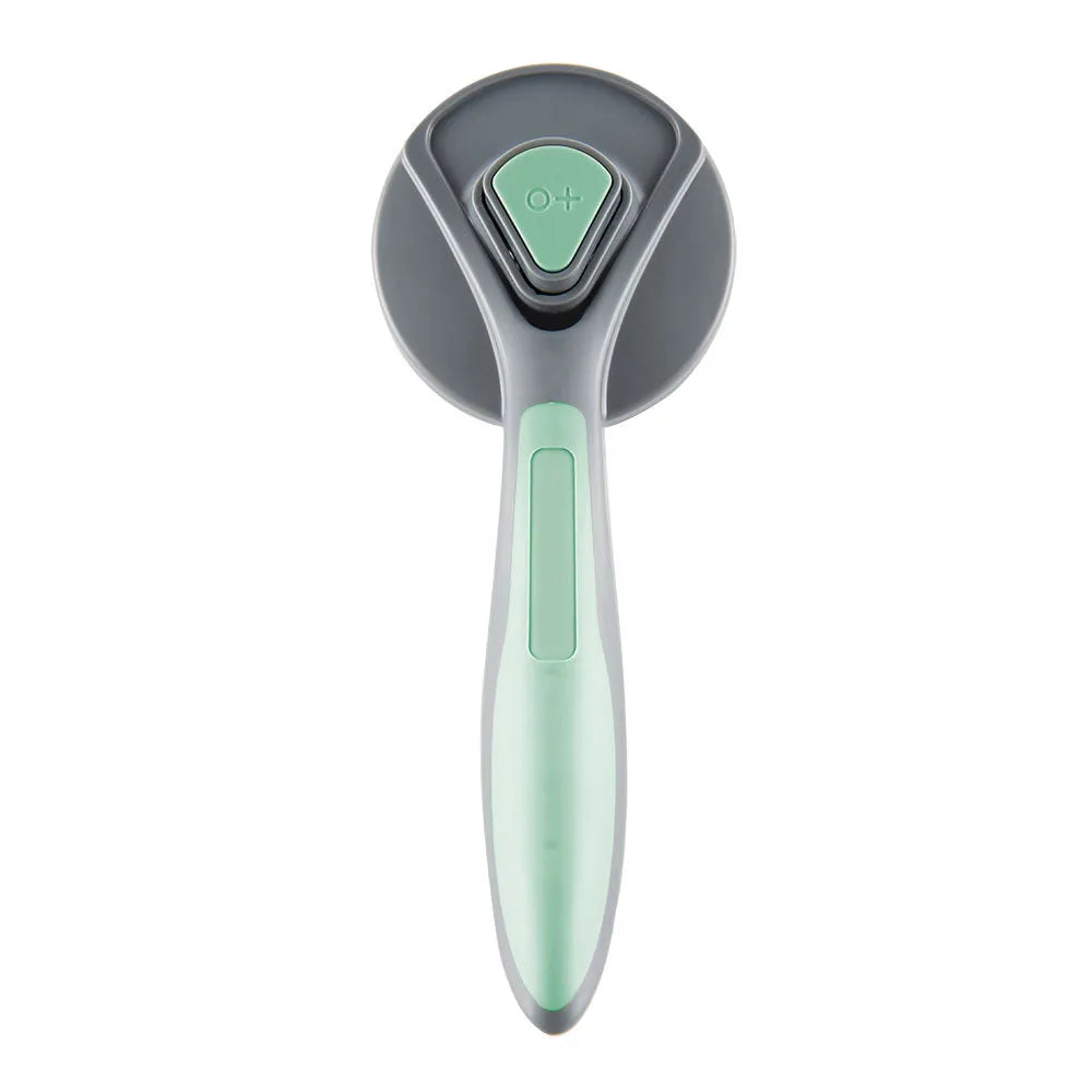 A grey self-cleaning slicker brush for grooming dogs, cats, and rabbits on a plain background.