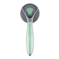 A grey self-cleaning slicker brush for grooming dogs, cats, and rabbits on a plain background.