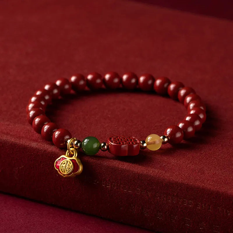 Emperor Sandstone Happy Eyebrow bracelet with Fu charm in New Chinese Style.