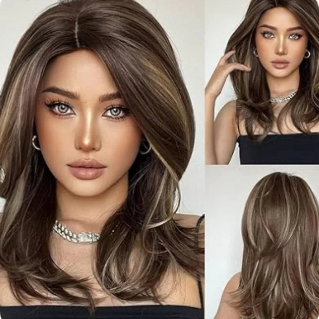 Mid-length curly full-head wig in a platinum gradient colour on a mannequin head.