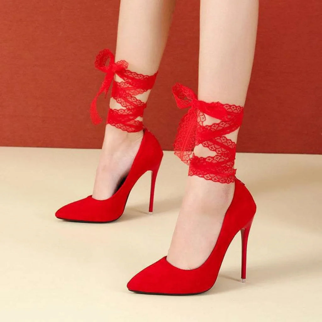 Women's black pointed toe pumps with shallow mouth design and fabric strap fastening