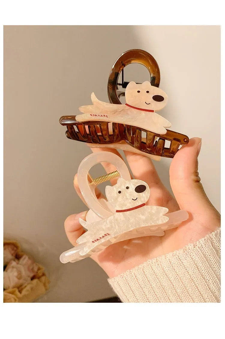 Cartoon puppy design hair barrettes in beige and brown colours, showing 13cm and 8cm size options