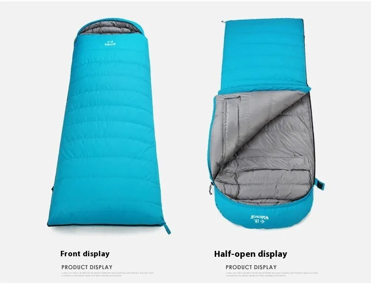 Black adult sleeping bag with envelope design, filled with white goose down and a tear-resistant nylon shell.