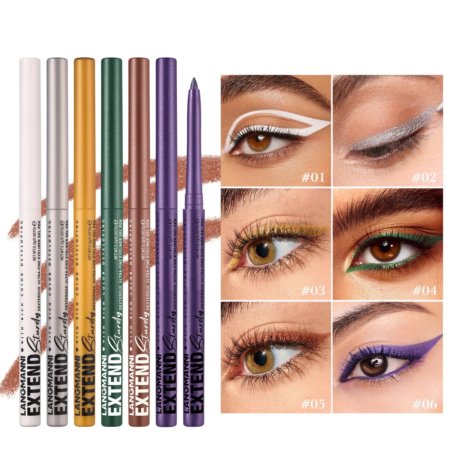 12 colourful gel glitter eyeliner pencils in vibrant shades arranged in a set