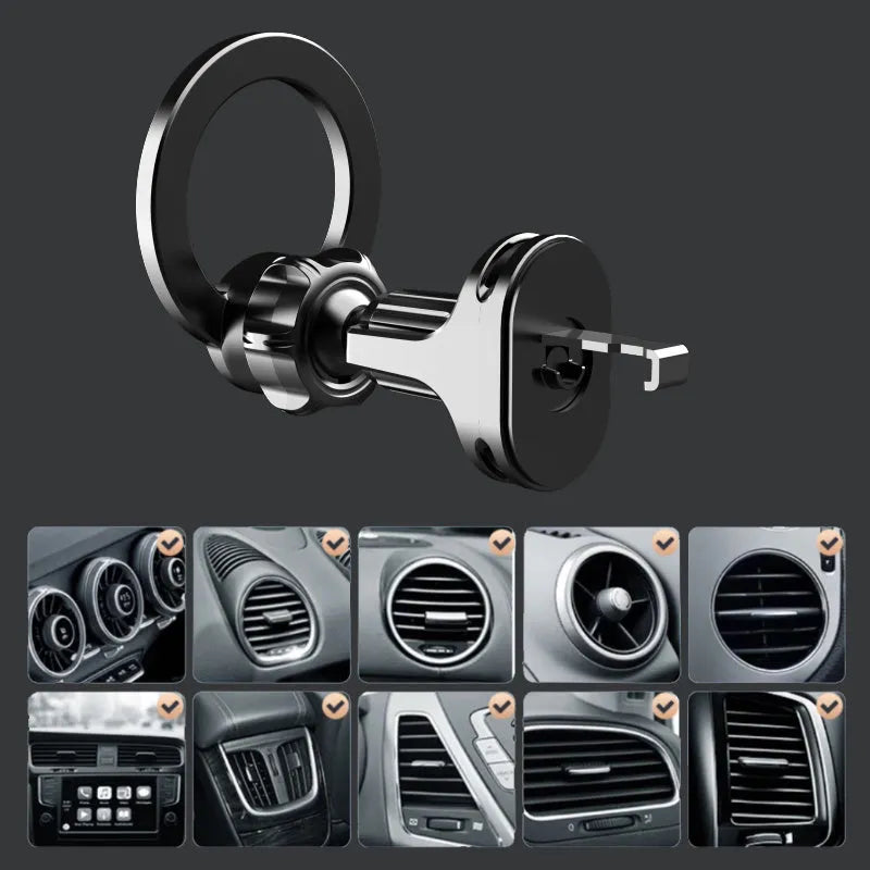 Black magnetic car air vent phone holder with O-ring clip for mobile phones up to 6.8 inches.