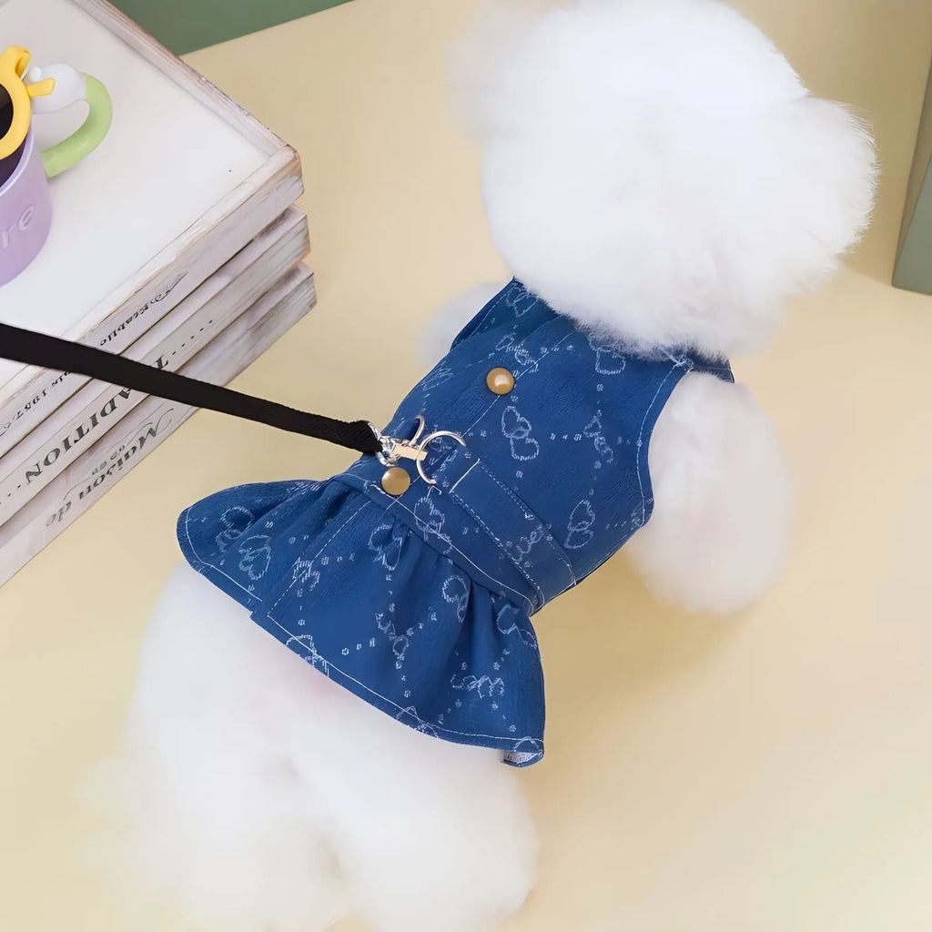 Small dog wearing thin denim princess dress with bracket skirt design for spring or autumn weather