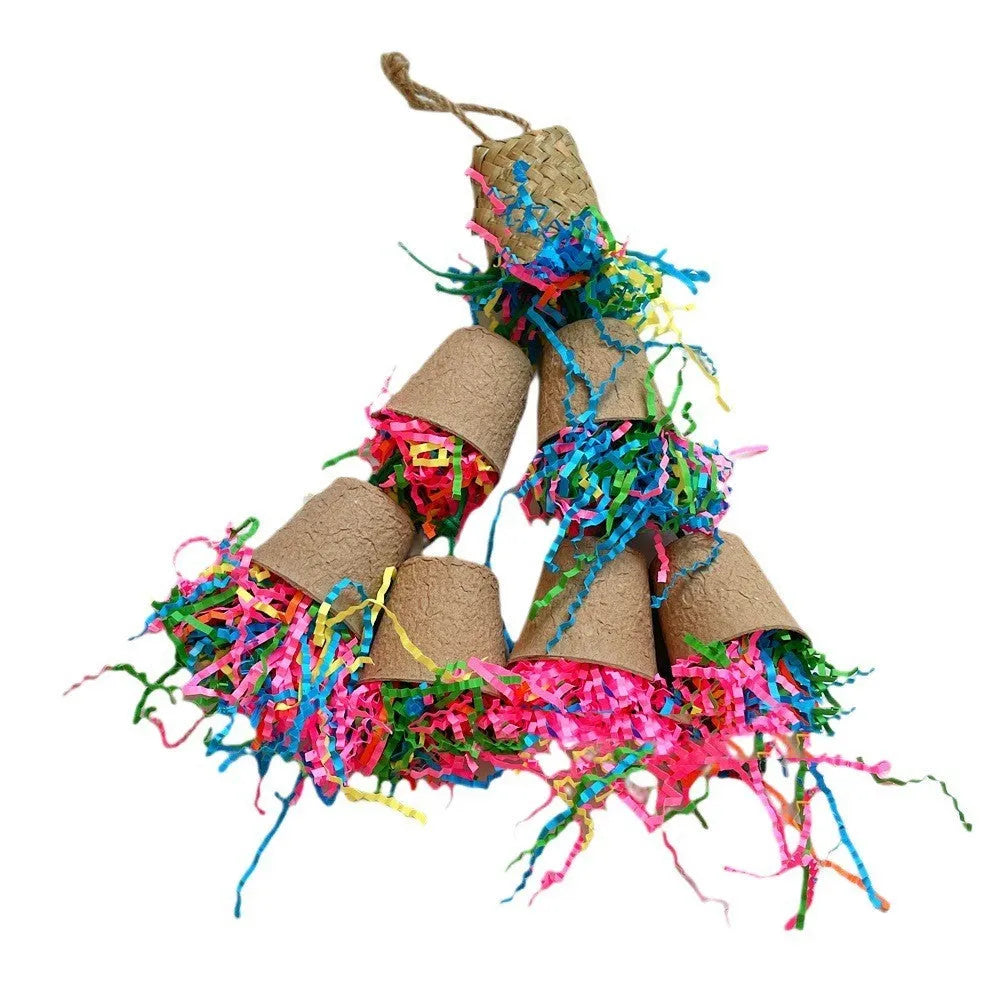 Parrot paper cup palm weaving gnawing toy hanging from a loop, length 38cm.