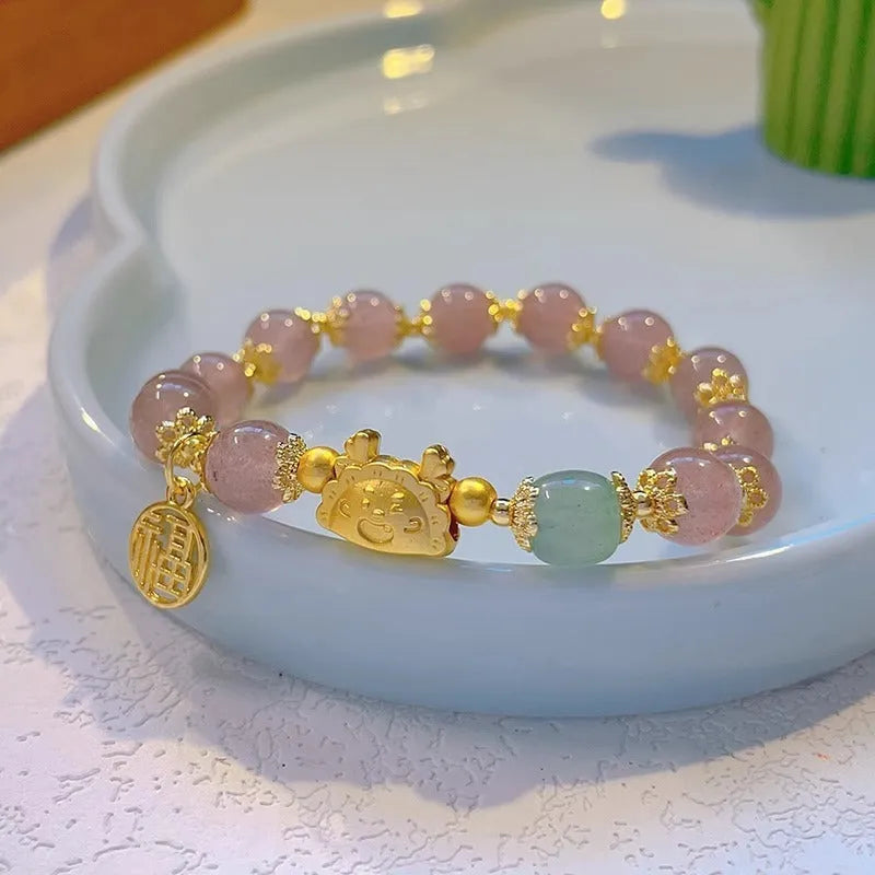 Ice crack glazed glass bead bracelet with zodiac animal charms and electroplated components