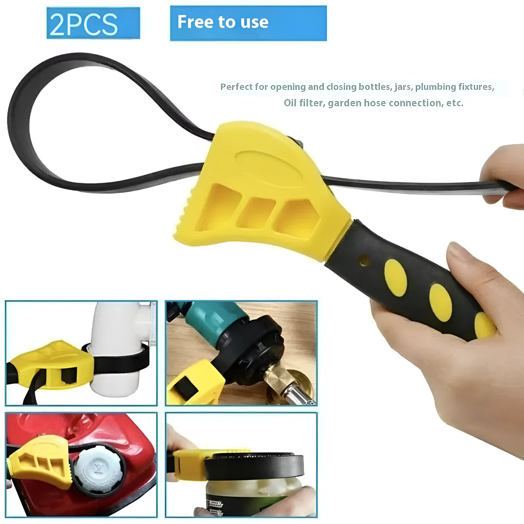 A 6-inch and an 8-inch adjustable rubber strap wrench with a plastic handle and phosphated metal parts.
