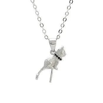 925 sterling silver cat pendant necklace with electroplated finish on model