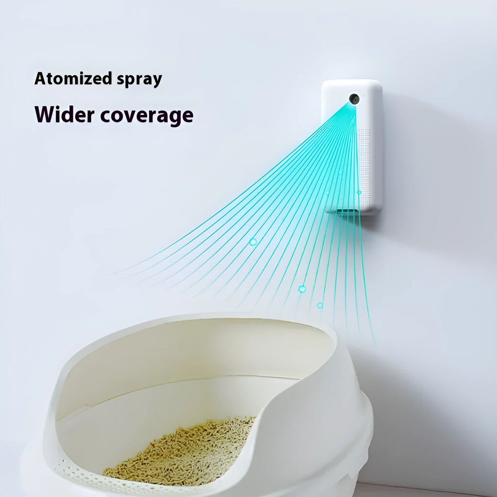 Smart spray odour removal machine with external mounting bracket for pet litter box areas