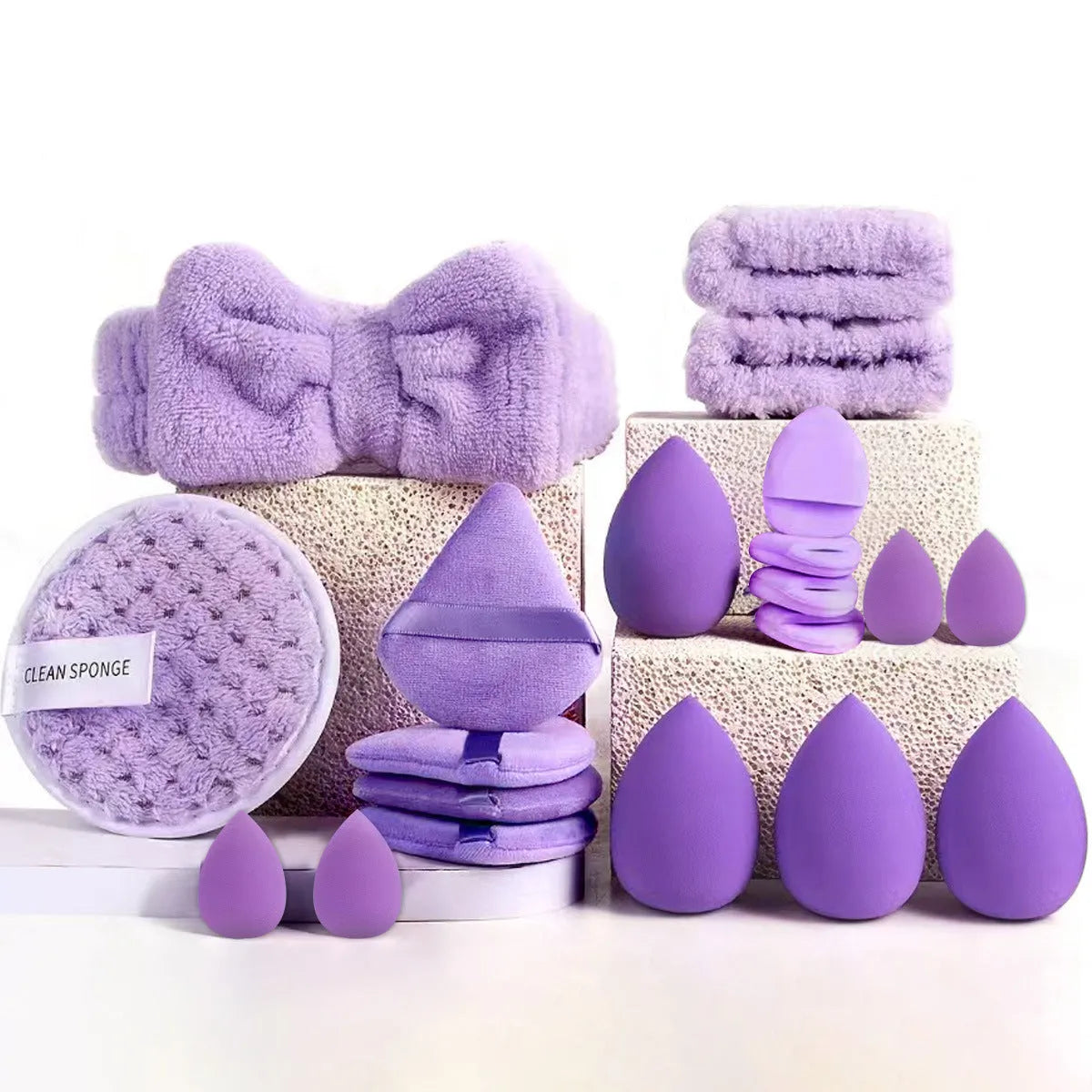 Hydrophilic non-latex beauty tool combination set for makeup and face washing in pink, brown, and purple colours