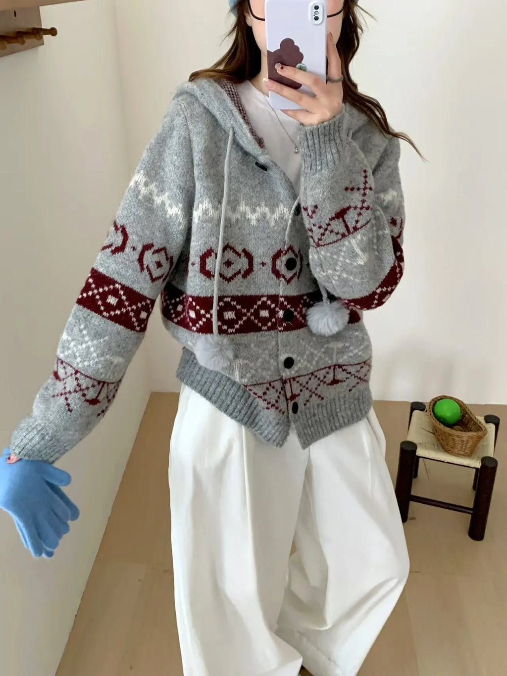 Plus size women's loose fit coat sweater with geometric brocade pattern in beige or grey