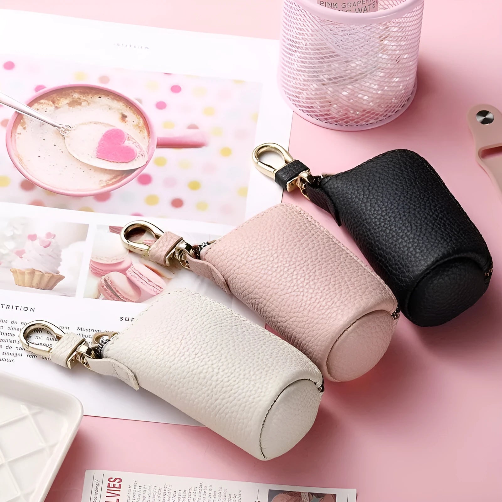 Waterproof pu leather key case in black, grey, and pink macaron colours with urban simplicity style