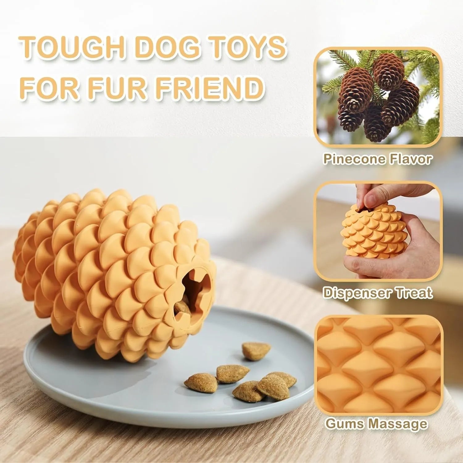 Yellow pine cone-shaped dog chew toy with textured surface and treat dispensing slot