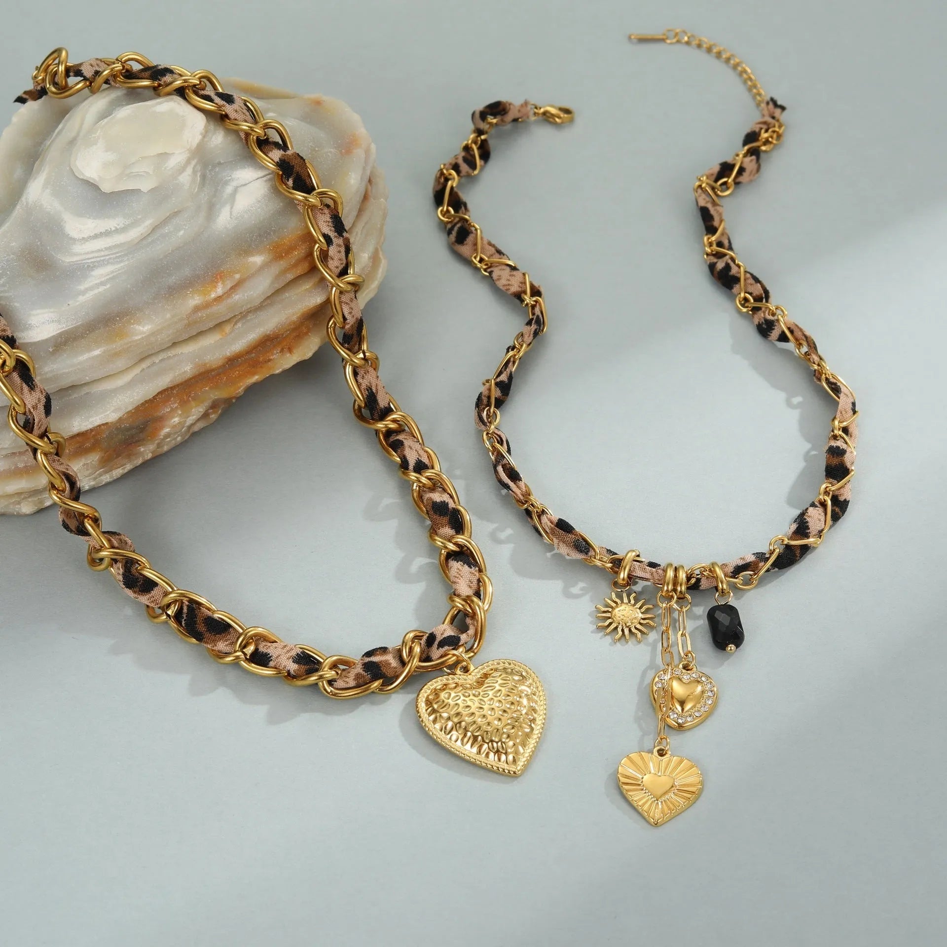 Geometric leopard love pendant necklace on stainless steel chain with 18K electroplating
