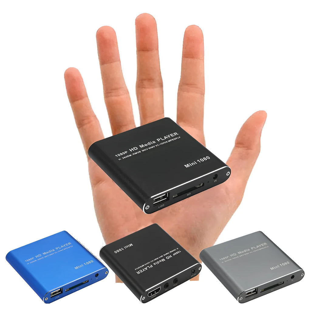 Compact blue or black 1080P media player with HDMI USB ports and all metal casing