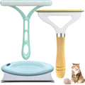Green 3-piece pet hair remover set with metal scraper, silicone brush, and round plastic cleaner.