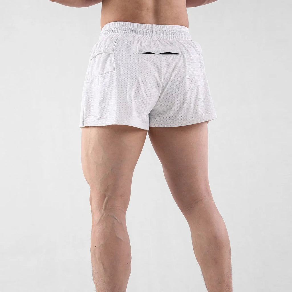 Men's summer quick-dry nylon shorts in white and black with elasticated waistband
