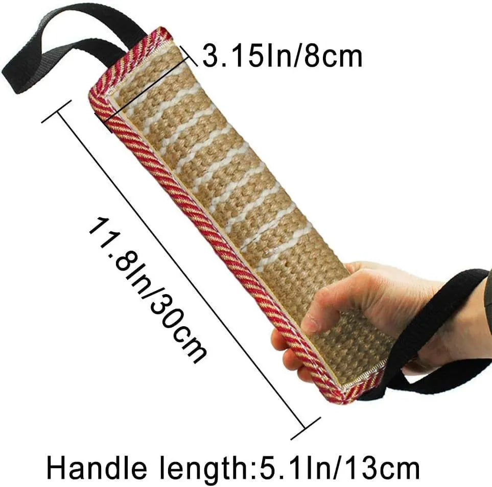 Beige and pink jute dog tug toy with two handles for interactive tug-of-war games