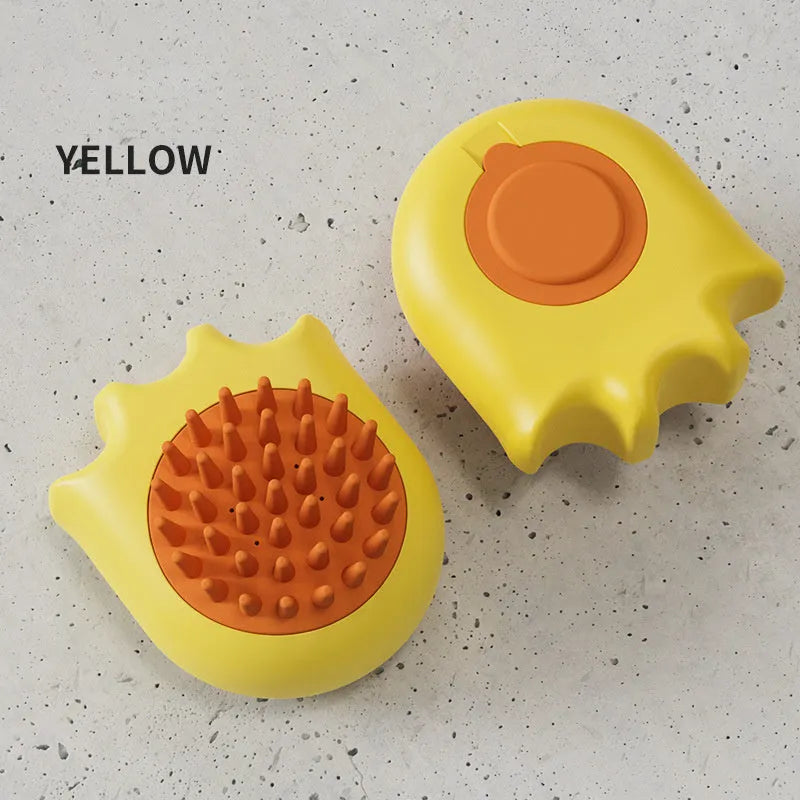 Blue pet bath brush with shampoo box showing massage brush and comb heads