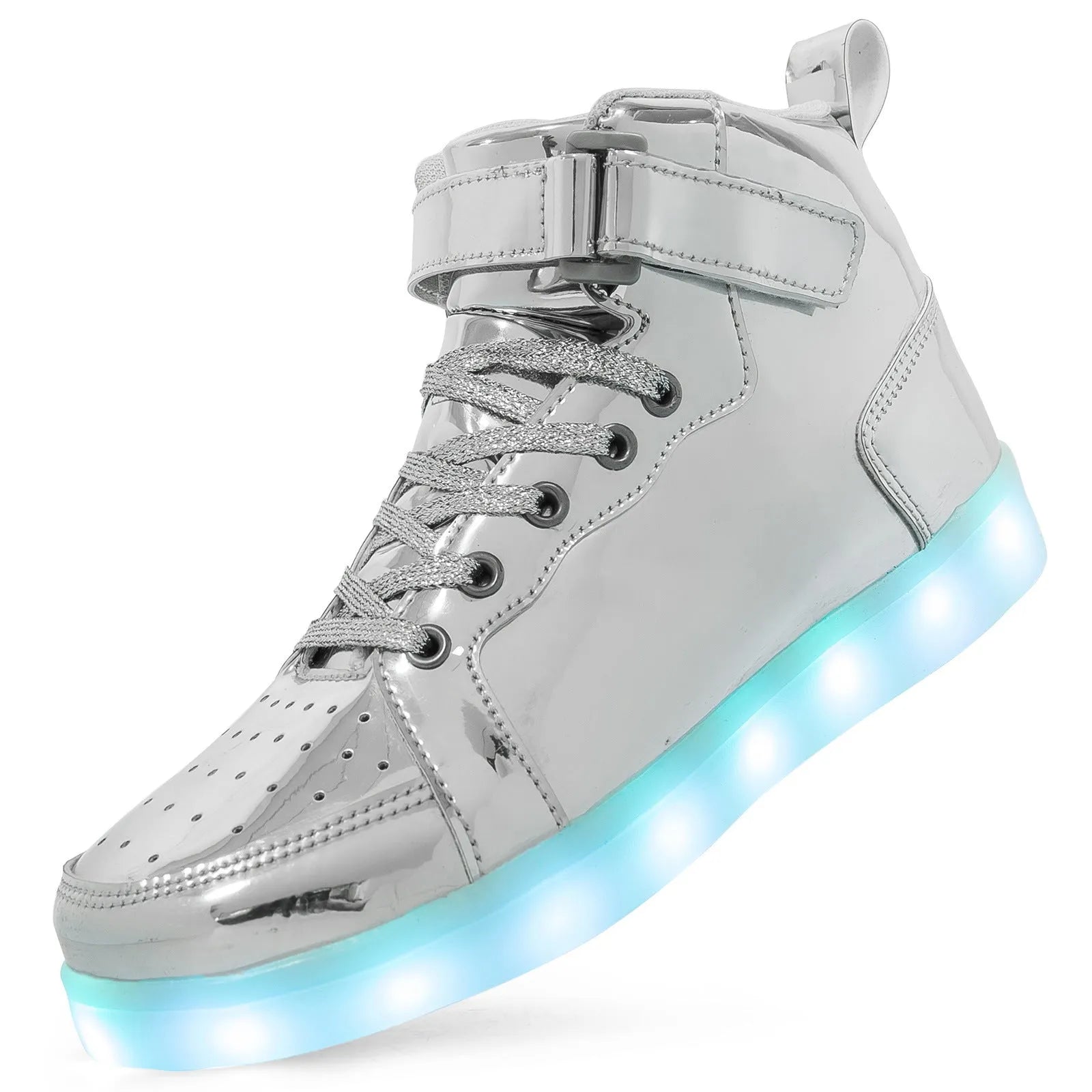 Rechargeable LED light-up high-top trainers in black with Velcro strap, glowing.