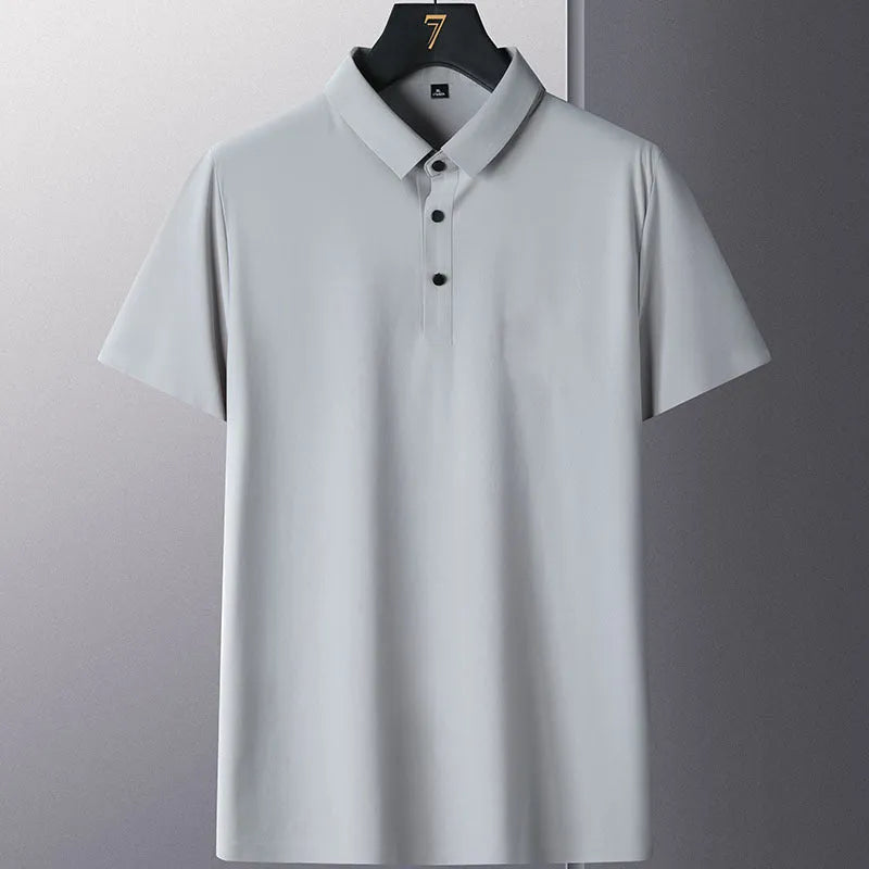 Men's solid colour non-ironing short sleeve business casual shirt in navy blue on a hanger.