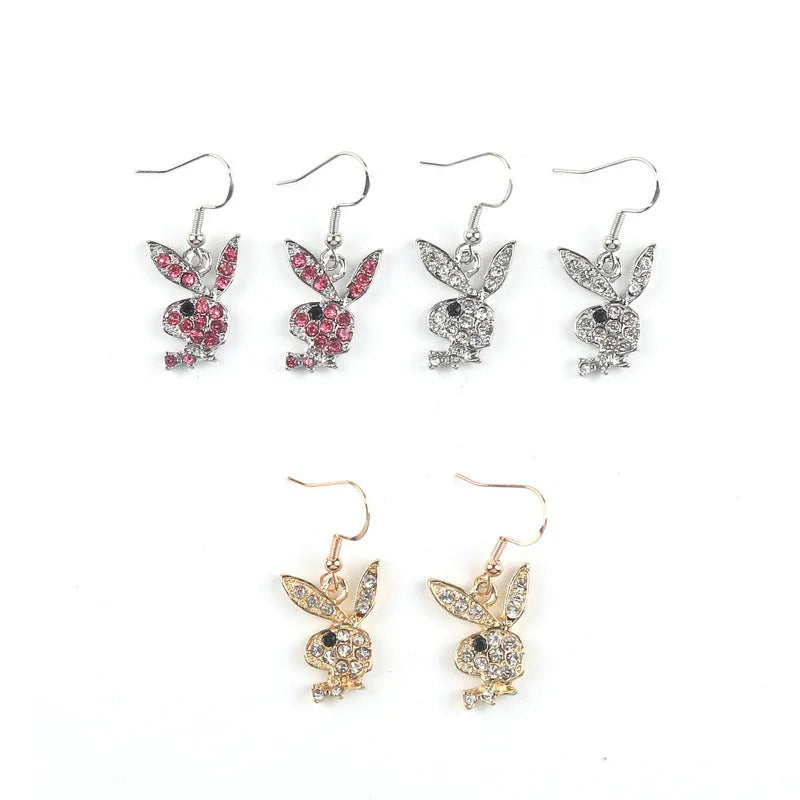 Rabbit stud earrings with diamond detailing in silver, pink and gold colour options