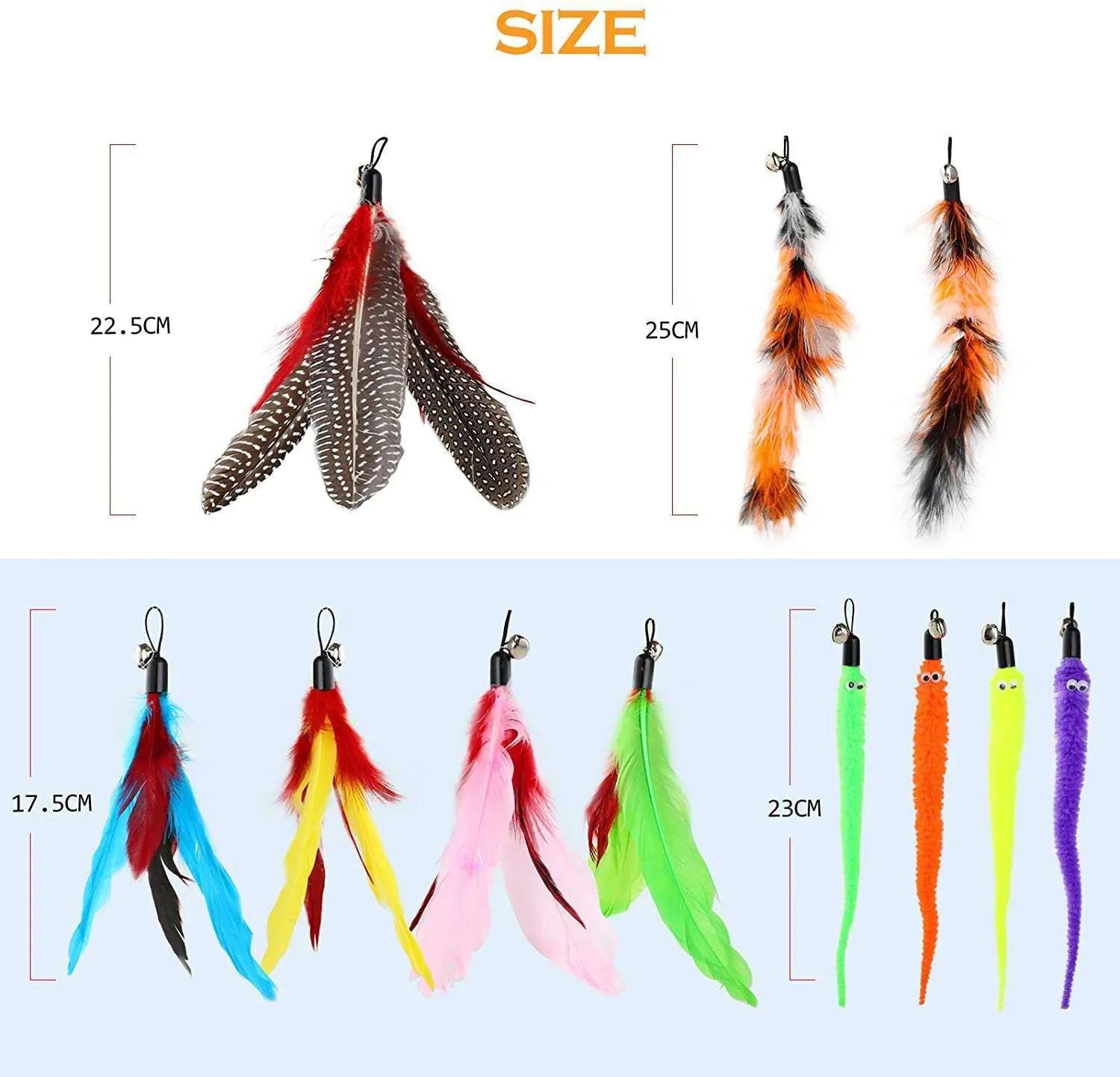 Cat teasing pole set with two handheld rods and ten feather replacement heads