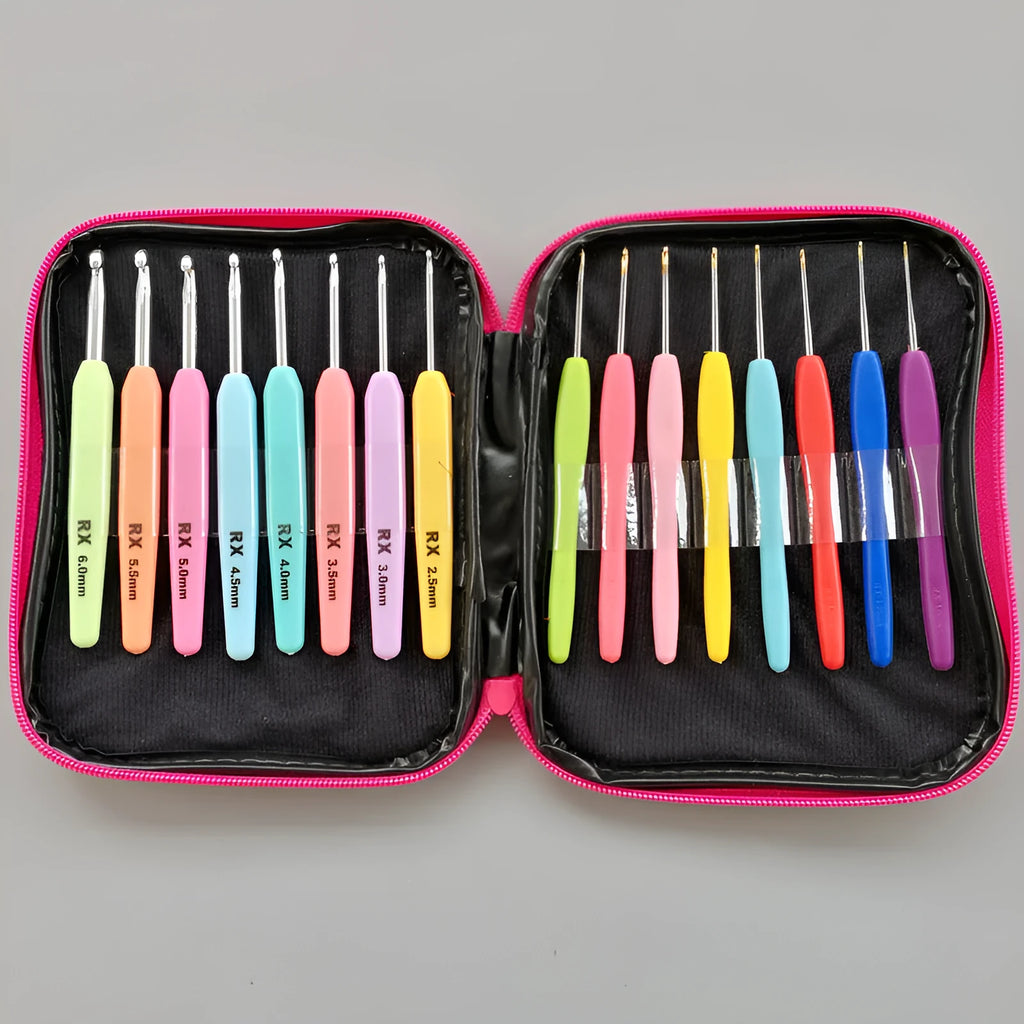 Set of 16 crochet hooks in various sizes with two handle types, laid next to a grey PU storage bag.