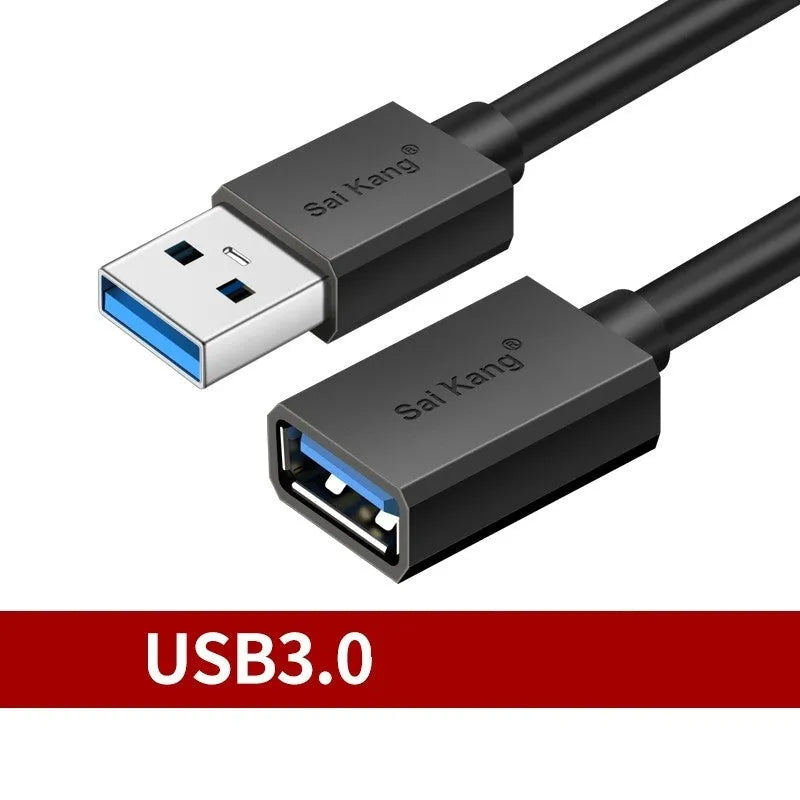 Black USB 3.0 and USB 2.0 male-to-female extension cable showing connector detail