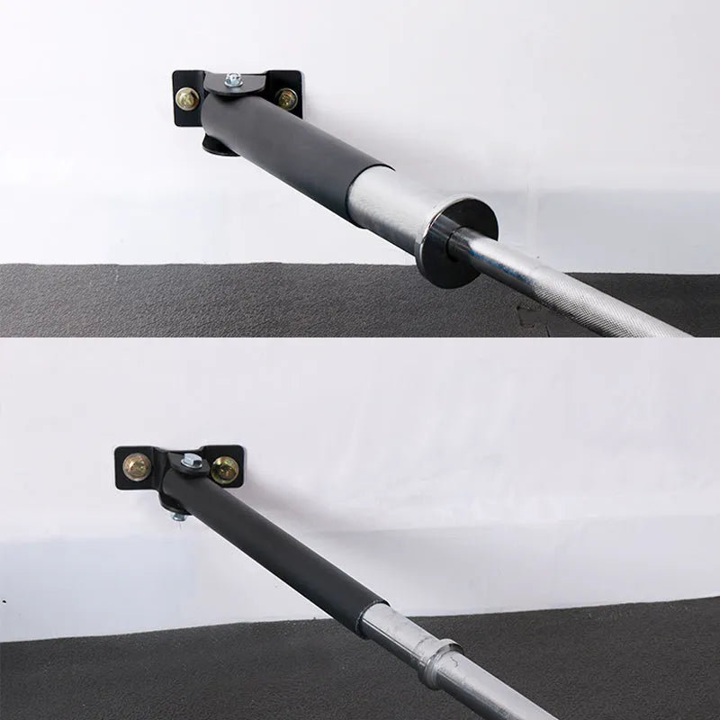 Steel wall-mounted barbell gun barrel rack holding multiple rods.