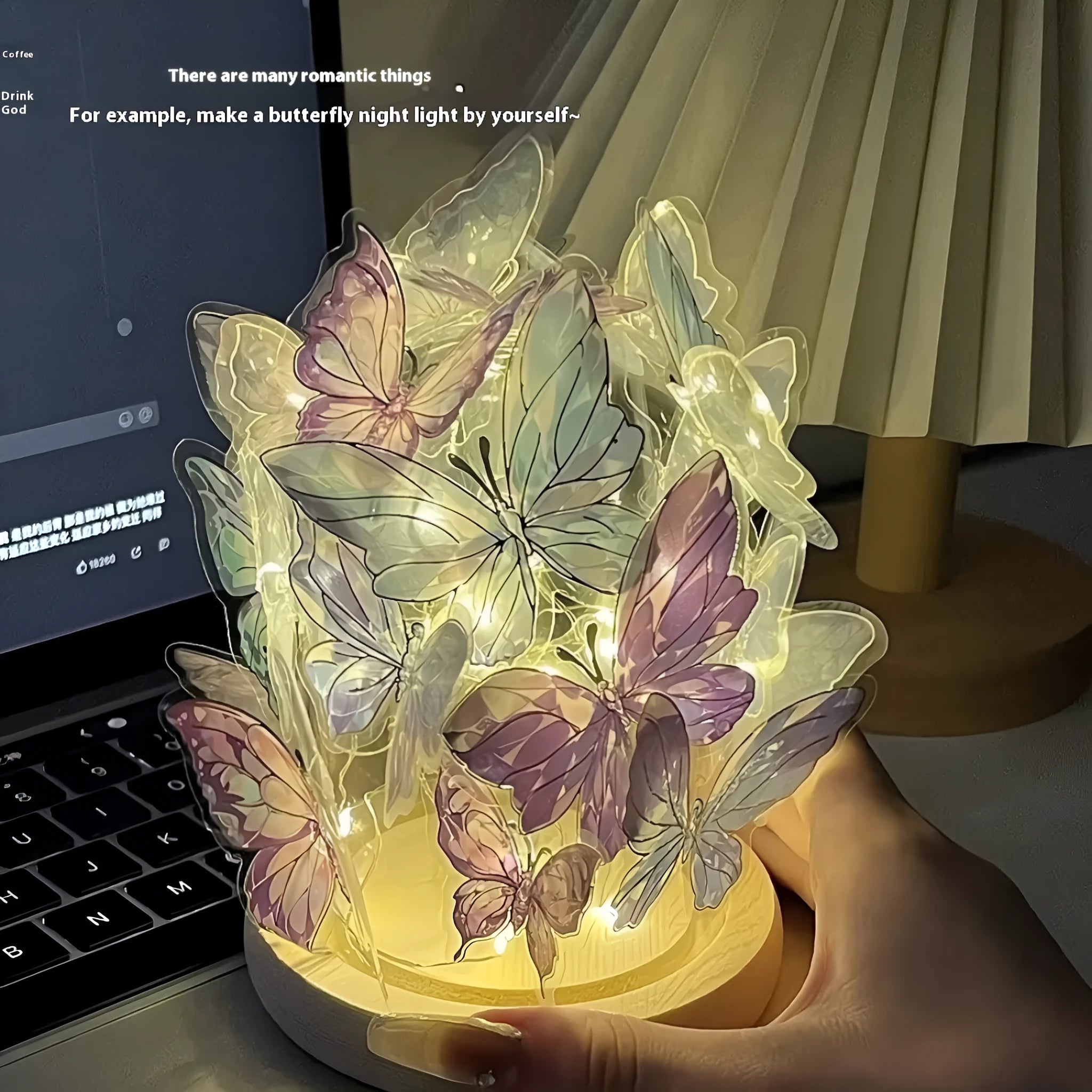 Handmade butterfly-shaped night lamp with glass shade on a raw wood base.