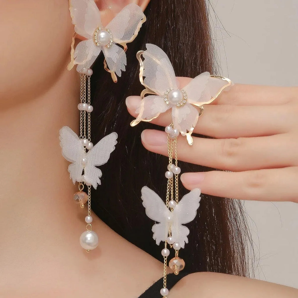 White butterfly tassel lace pearl rhinestone stud earrings for women with copper alloy construction