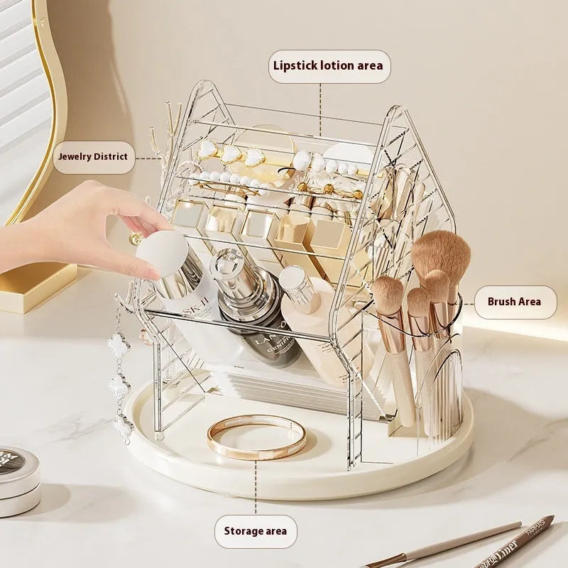 Clear and amber gold rotating plastic cosmetics storage box on a vanity.