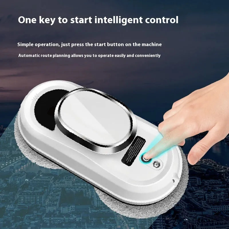 White automatic high altitude cleaning machine with remote control and accessories for exterior window cleaning.